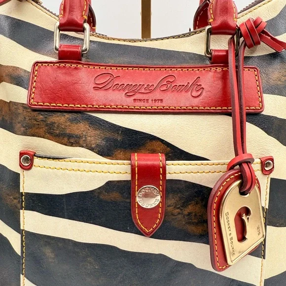 Rare Vintage Dooney & Bourke Zebra Red Trim Distressed Leather Safari Satchel - Picture 5 of 13